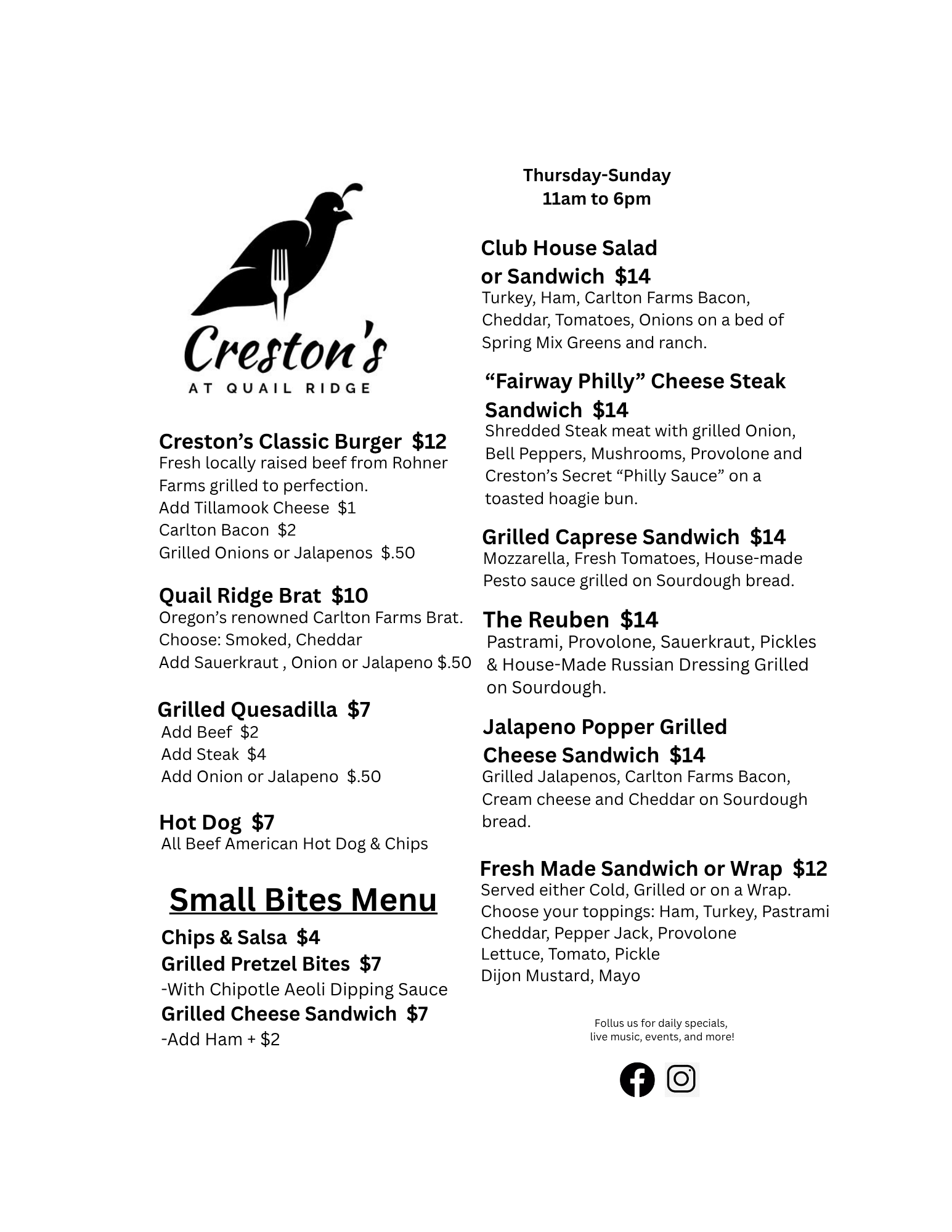 Creston's 2026 Menu